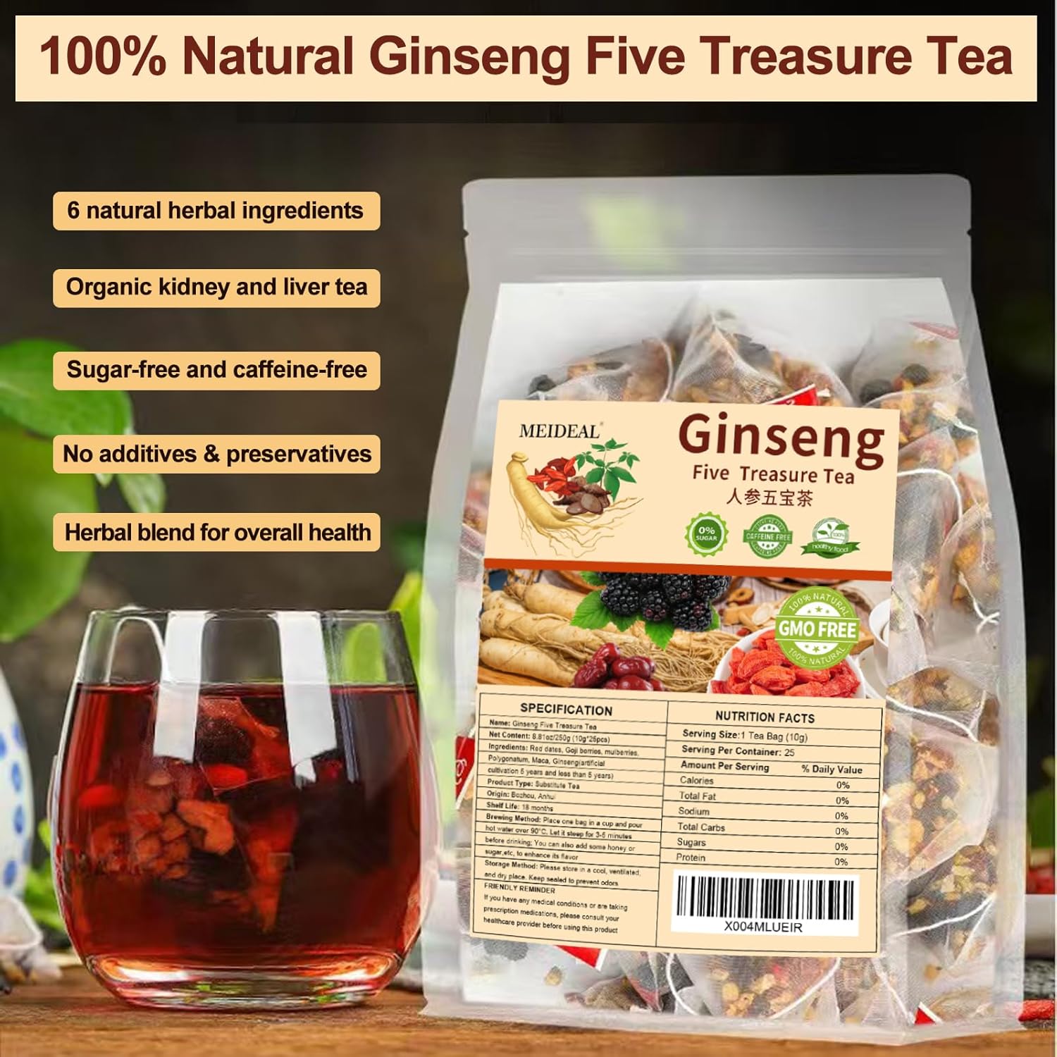 Ginseng Five Treasures Tea, Natural Kidney Tea for Women & Men, 6 Precious Ingredients Blend, Organic Ginseng Six Treasures KidneyTea, Chinese Herbal Teabags (25 Pcs 1 Bag)