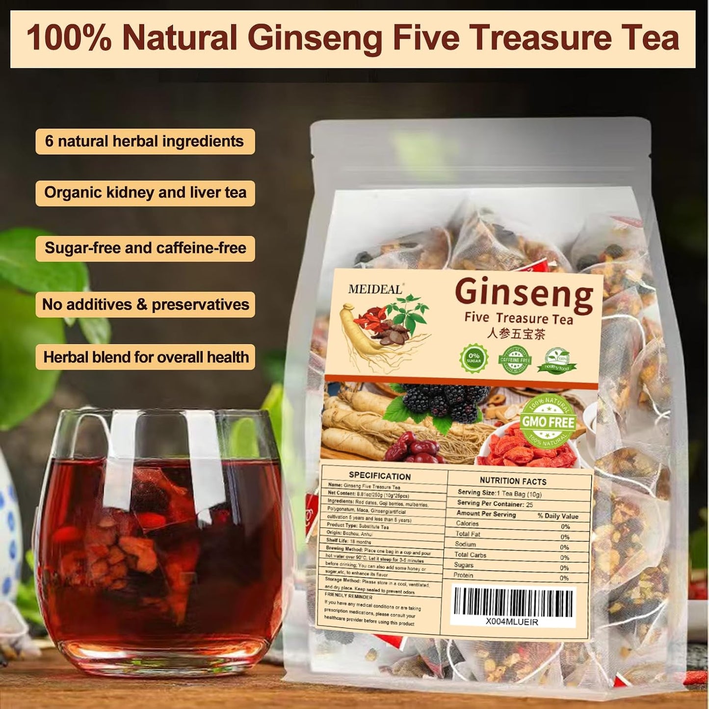 Ginseng Five Treasures Tea, Natural Kidney Tea for Women &amp; Men, 6 Precious Ingredients Blend, Organic Ginseng Six Treasures KidneyTea, Chinese Herbal Teabags (25 Pcs 1 Bag)