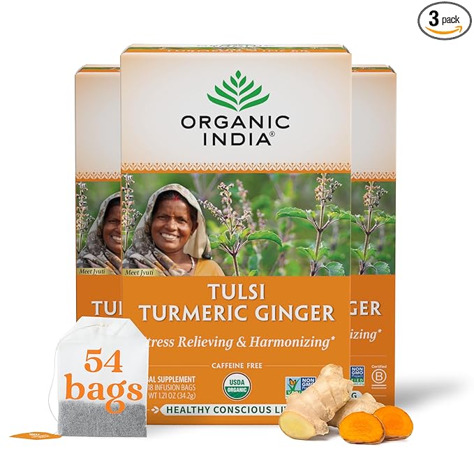 Organic India Tulsi Tumeric Ginger Herbal Tea - Stress Relieving & Harmonizing, Immune Support, Aids Digestion, Vegan, Caffeine-Free