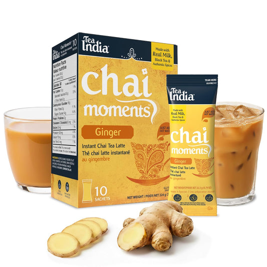 Tea India Chai Moments Ginger Chai Instant Latte Powder, 10 Packets | Creamy chai latte, milk powder added | Real black tea + bold spice blend | Just add hot water | 10 on-the-go packets