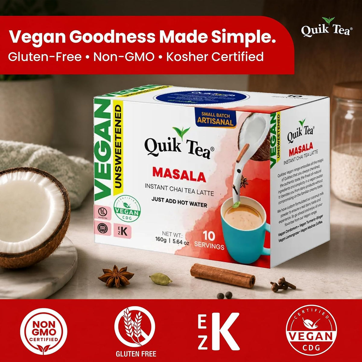 QuikTea Vegan Instant Chai Tea Latte Mix, Masala, Unsweetened, 10 Sachets