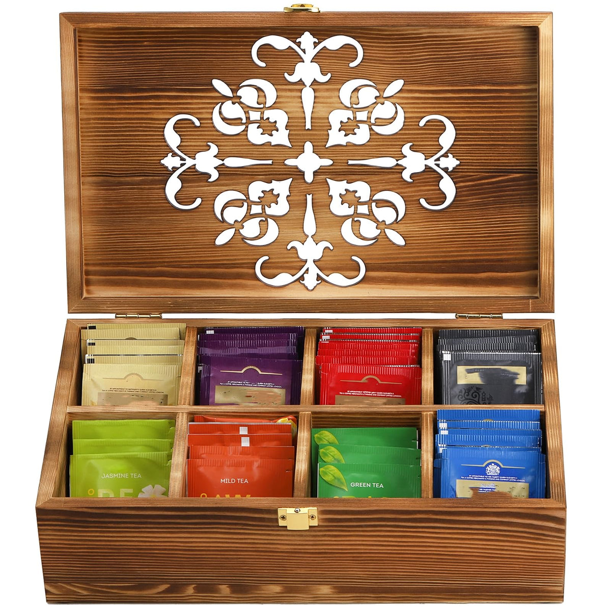 Coloch Wooden Tea Bag Storage Box with Carved Lid, 8-Compartment Tea Chest Organizer Spice Packets Container for Living Room