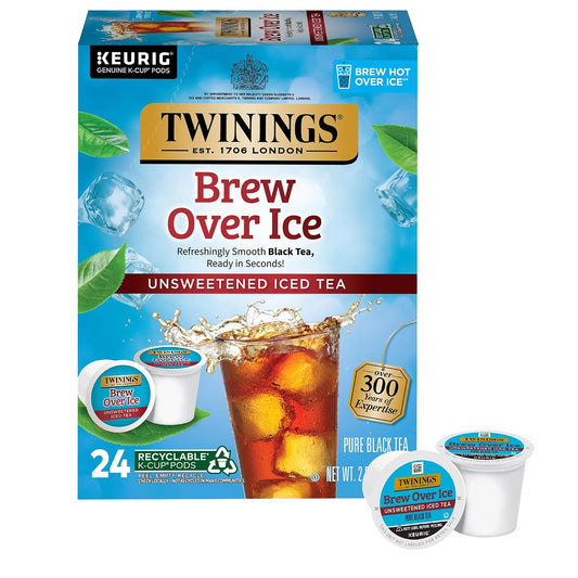 Twinings Brew Over Ice Unsweetened Black Iced Tea K-Cups 24 CT Box (1 Pack) | Refreshing, Smooth, Pure Black Tea, Naturally Caffeinated, 24 Keurig Pods for Single Serve Brewers, Fresh Iced Tea in Seconds