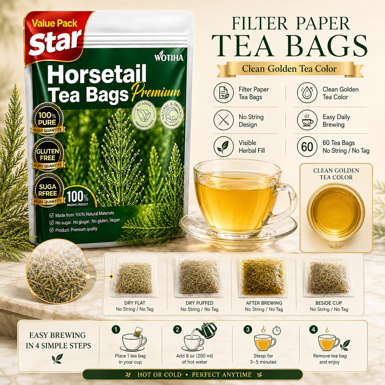 WOTIHA 60 Count Premium Horsetail Tea Bags - 100% Natural Pure Herb, Supports Hair &amp; Nail Health, Caffeine/Additive/Sugar-Free, Non-GMO, Cola De Caballo Hierba