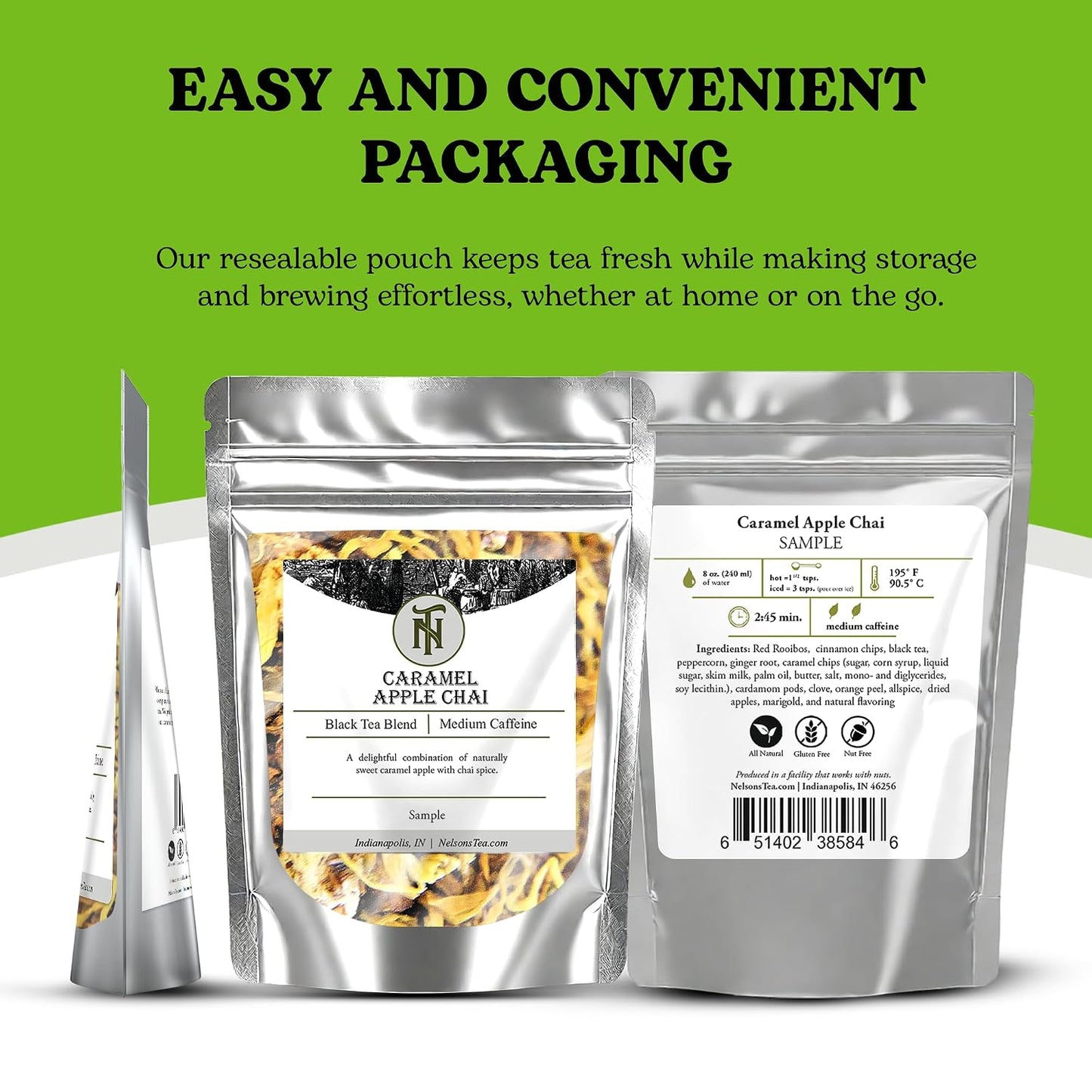 Nelson's Tea Caramel Apple Chai Dessert Loose Leaf Tea, Sample 0.5 Oz | Cinnamon • Cardamom • Spiced • Chai • Black Tea • Rooibos • Chai Loose Leaf • Red Rooibos • Loose Leaf Tea