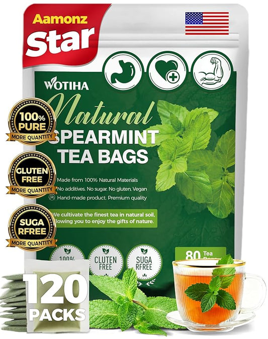 Natural Spearmint tea 120g. 80 tea bags. 100% natural ingredients Spearmint Herbal tea bags.Additive-Free • Caffeine-Free • Sugar-Free • Vegan