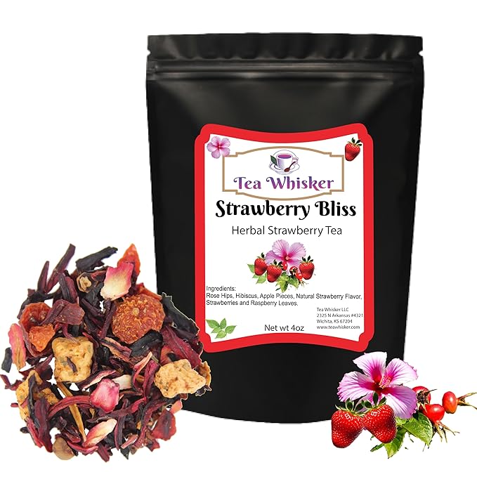 Tea Whisker - Strawberry Bliss | Fruity Herbal | Loose Leaf Tea | 4 Ounce Pouch | Serve Iced or Hot | Non-Caffeinated