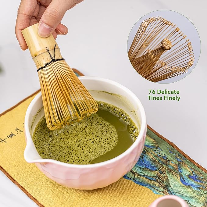 Matcha Whisk Set, Pink Ceramic Matcha Bowl with Spout, Bamboo Whisk, Sifter – 8-Piece Matcha Kit for Home, Yoga & Gifts – Matcha Lovers & Japanese Tea Culture