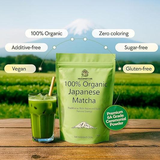 MushMatcha Organic Matcha Powder Grade 6A – Premium Ceremonial Green Tea Concentrate for Lattes, Smoothies & Baking, Pure Jade Leaf Blend, Unsweetened Formula with Smooth Taste, 100g Resealable Pouch