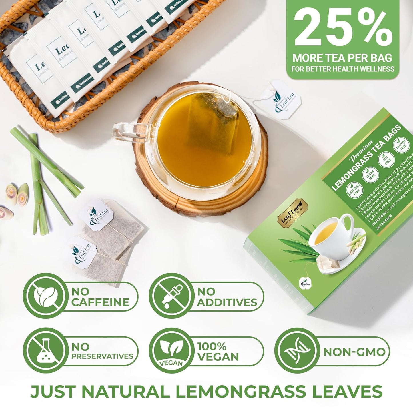 LeafLea Premium Lemongrass Herbal Tea Bags, Digestion Support, 80 Count | Natural Lemongrass Leaves, Te De Limoncillo, Light &amp; Soothing Taste, Caffeine-Free, Sugar-Free, Vegan, Individually Wrapped