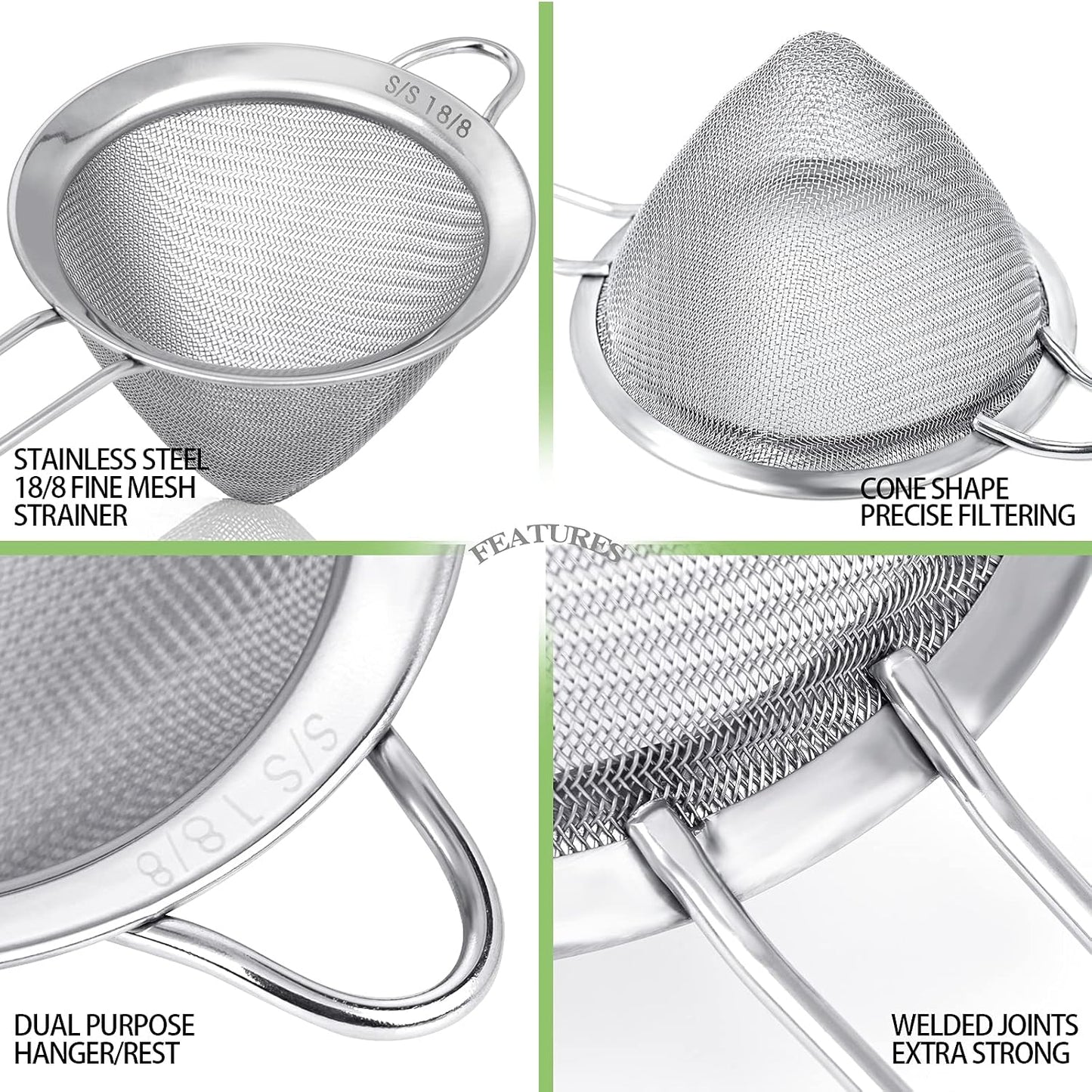 2 Pack Stainless Steel 18/8 Small Food Strainer, Fine Mesh Sieve with Long Handle, Cocktail Strainer For Cocktails, Tea Herbs, Coffee &amp; Drinks, Rust Proof &amp; Great as Tea Strainer, 3.5inch