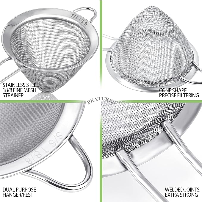 2 Pack Stainless Steel 18/8 Small Food Strainer, Fine Mesh Sieve with Long Handle, Cocktail Strainer For Cocktails, Tea Herbs, Coffee & Drinks