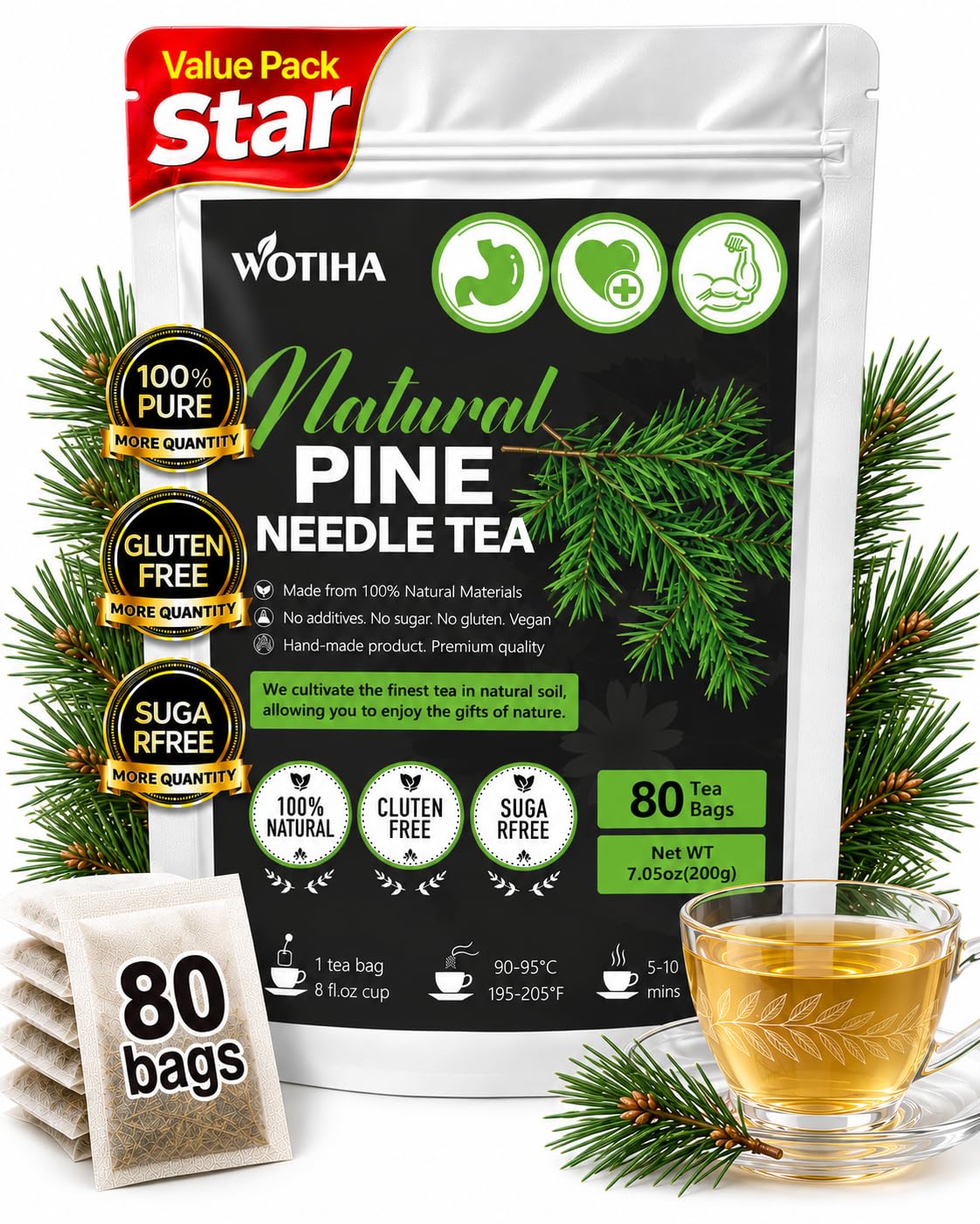 WOTIHA 80 Count Premium Wild-Harvested Pine Needle Tea Bags - 100% Natural White Pine Needles