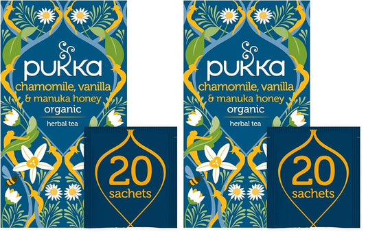 Pukka Calming Chamomile, Vanilla & Manuka Honey Organic Herbal Tea, Soothing Organic Tea Infusion Selection, Honey & Fennel Blend, Caffeine Free