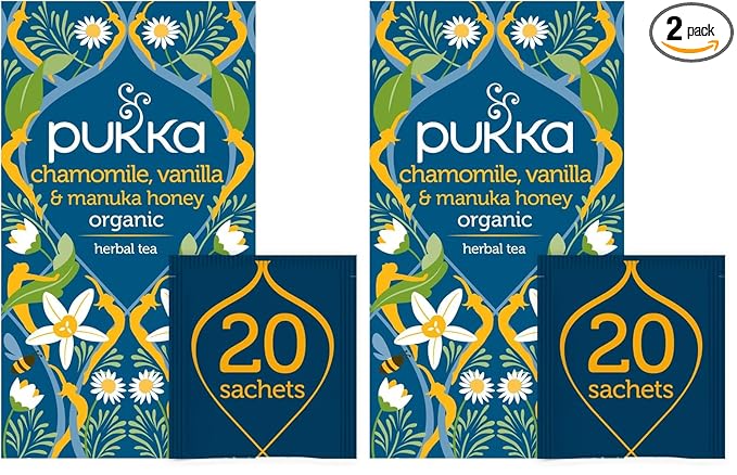 Pukka Calming Chamomile, Vanilla & Manuka Honey Organic Herbal Tea, Soothing Organic Tea Infusion Selection, Honey & Fennel Blend, Caffeine Free
