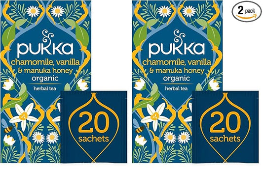 Pukka Calming Chamomile, Vanilla & Manuka Honey Organic Herbal Tea, Soothing Organic Tea Infusion Selection, Honey & Fennel Blend, Caffeine Free