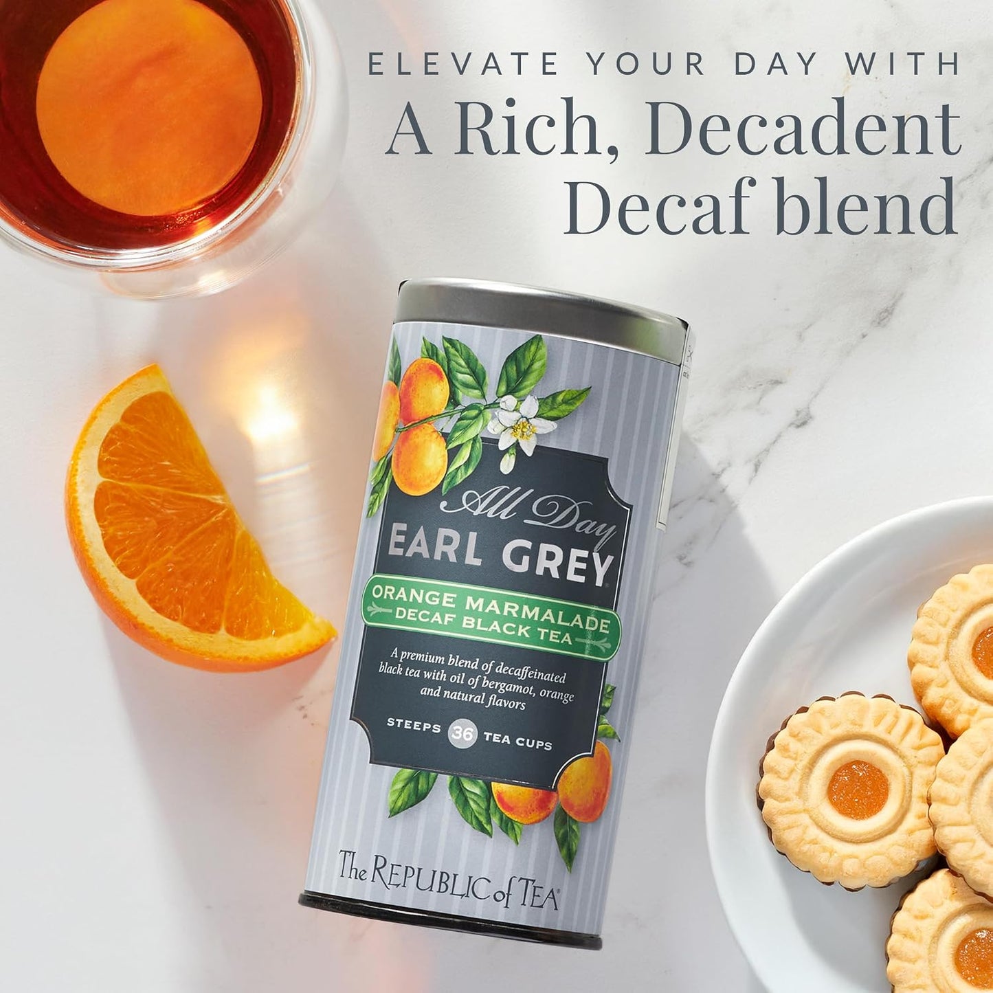 The Republic of Tea Decaf Orange Marmalade Black Tea, 36 Count | Decaffeinated. All Day Earl Grey collection. Notes of bright bergamot and lively citrus. Gluten Free.