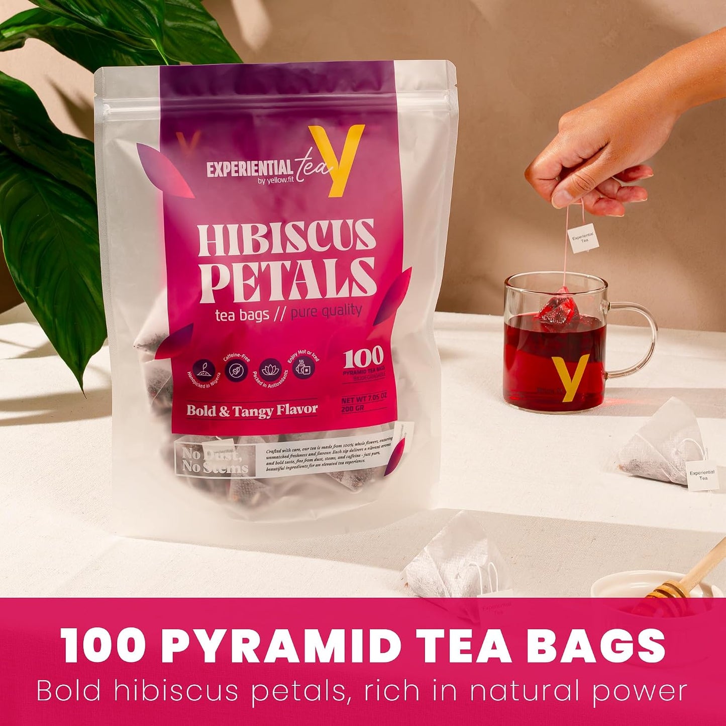 Yellow.fit Hibiscus Tea Bags – 1500mg Loose Leaf Tea Bags, Caffeine-Free Herbal Tea Made from Dried Hibiscus Flowers, Herbal Tea Bags, 100 Count