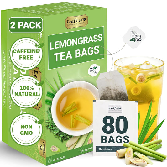 LeafLea Premium Lemongrass Herbal Tea Bags, Digestion Support, 80 Count | Natural Lemongrass Leaves, Te De Limoncillo, Light &amp; Soothing Taste, Caffeine-Free, Sugar-Free, Vegan, Individually Wrapped