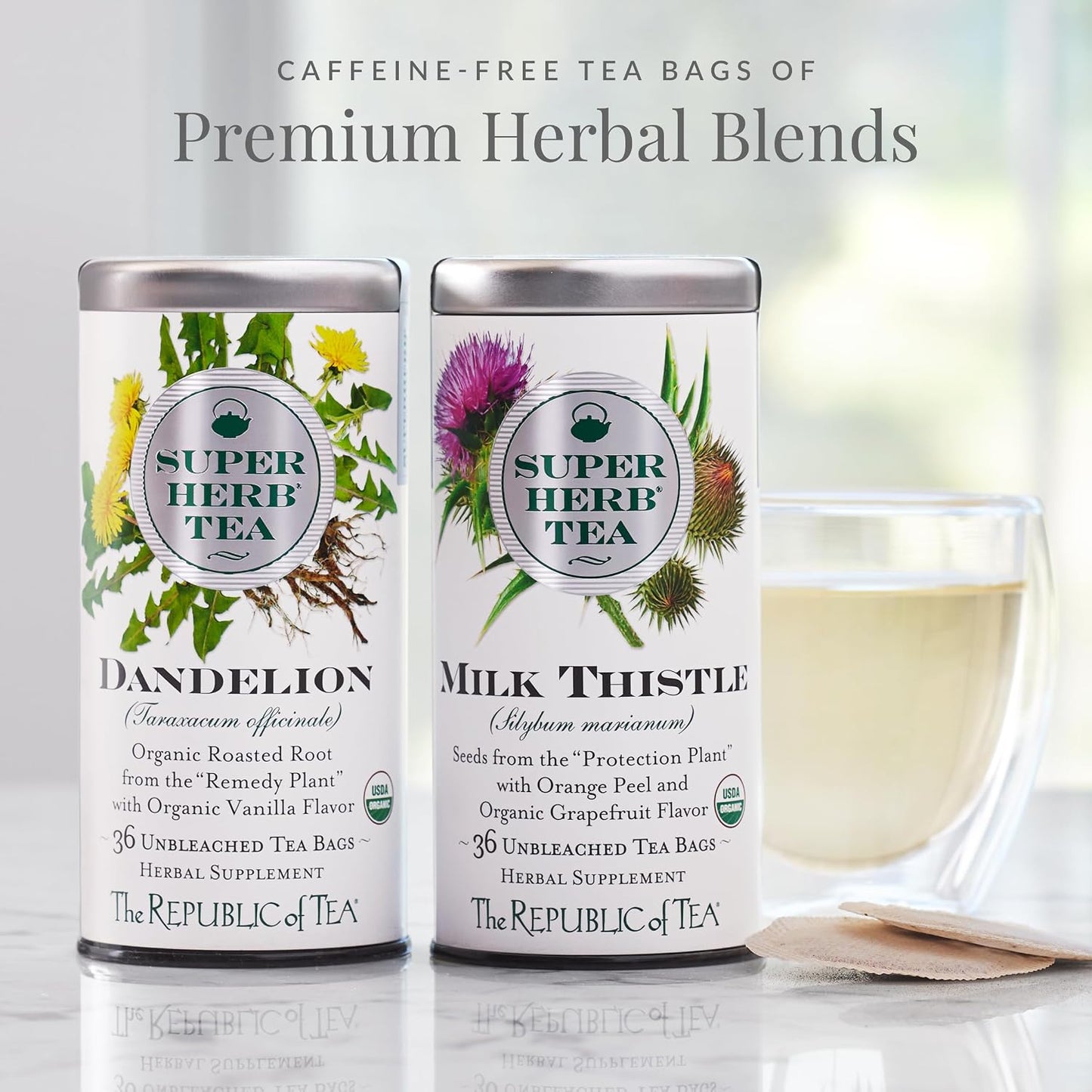 The Republic of Tea SuperHerb Organic Dandelion Herbal Tea, 36 Count | Caffeine Free. Suitable for day or evening sipping. Roasted with notes of smooth vanilla. USDA Organic and Gluten Free.