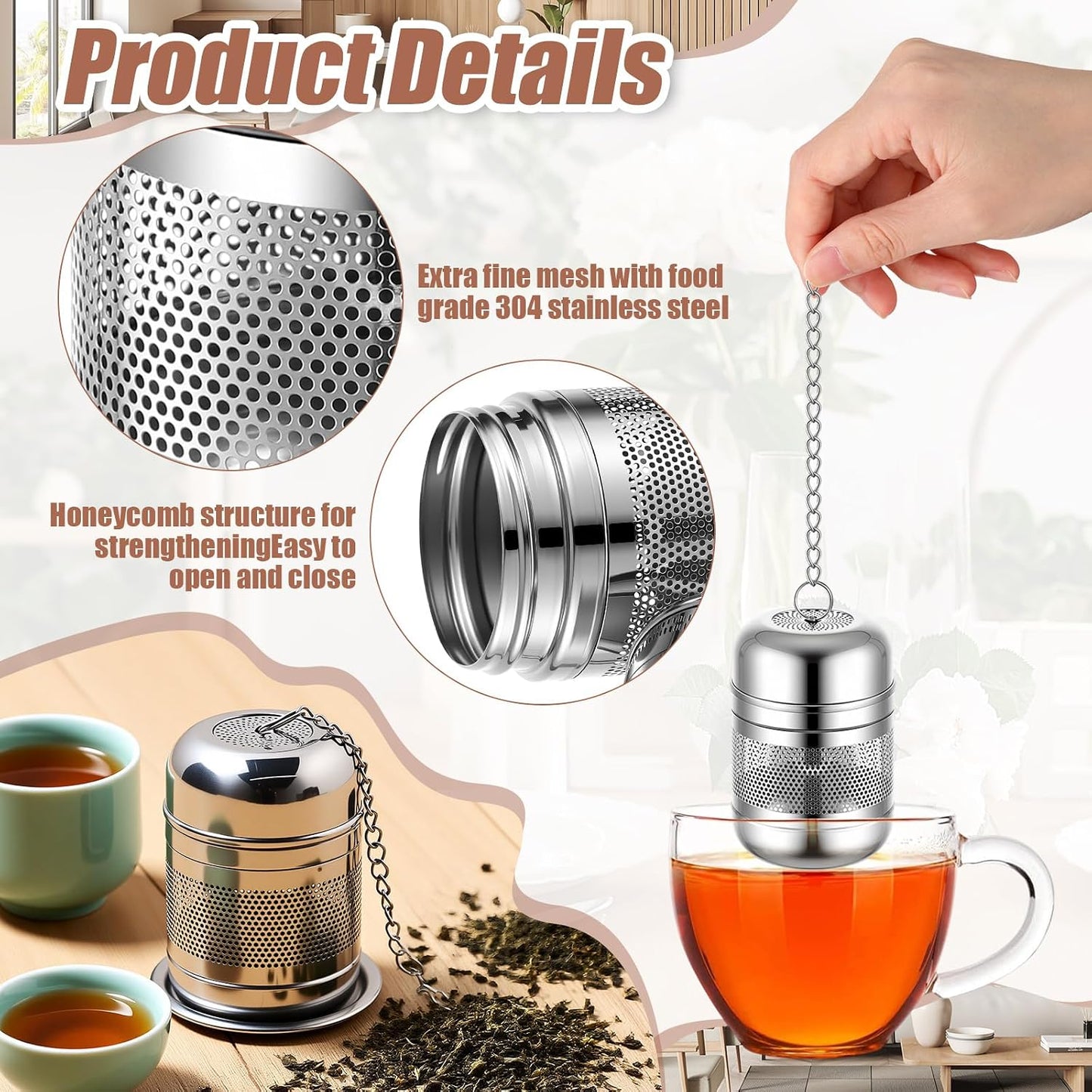 Umigy 4 Pcs Tea Infuser for Loose Tea, Stylish, 2.4 x 1.5 Inch, Silver
