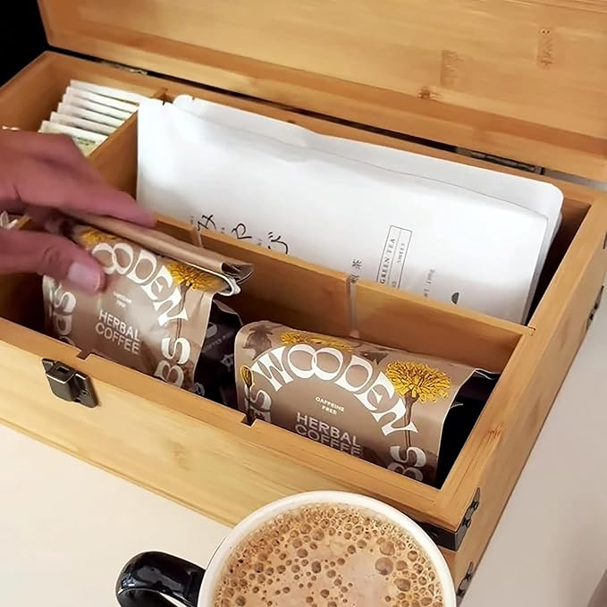 Bamboo Tea Organizer Box Chemical Free Eco-Friendly Big, Tall, Adjustable Cubbies Natural Wooden Storage Chest (Tea Time, 6-Slot 11" x 8.1" x 4.2")