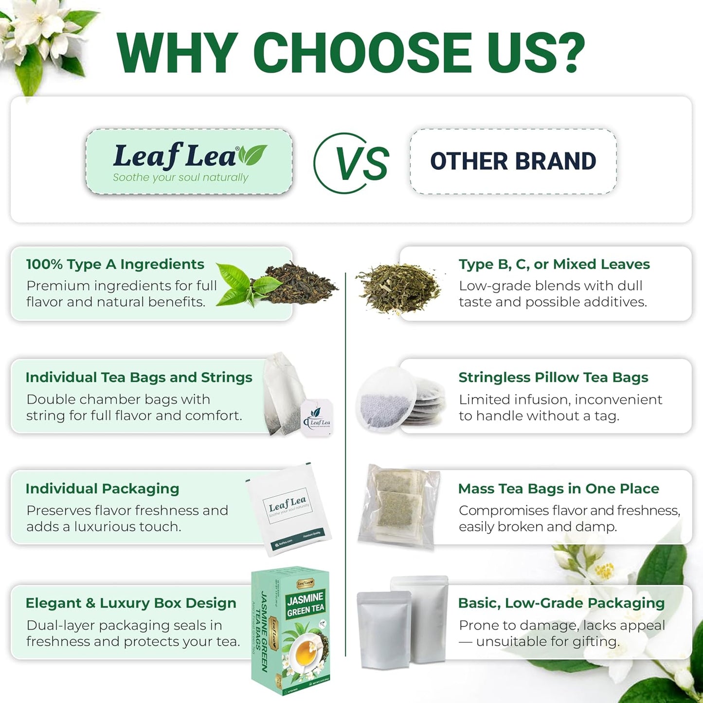 LeafLea Jasmine Green Tea Bags, Light Focus &amp; Daily Balance, 80 Count | Green Tea Naturally Scented With Jasmine, Delicate Floral Taste, Caffeinated, Sugar-Free, Vegan, Individually Wrapped