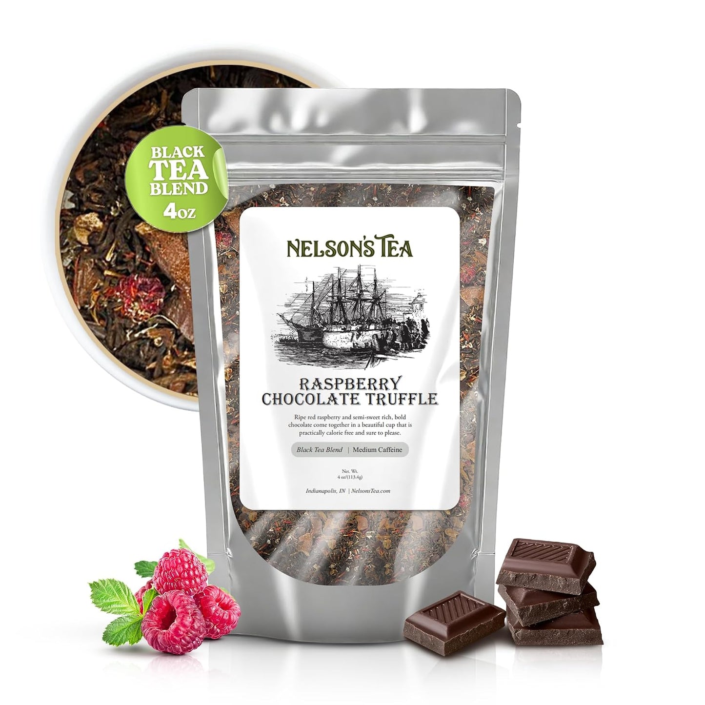 Nelson's Tea Raspberry Chocolate Truffle Leaf Loose Leaf Black Tea, 4 oz | Rooibos • Carob Beans • Hibiscus • Chocolate • Tea • Loose Leaf Tea • Raspberry • Black Tea