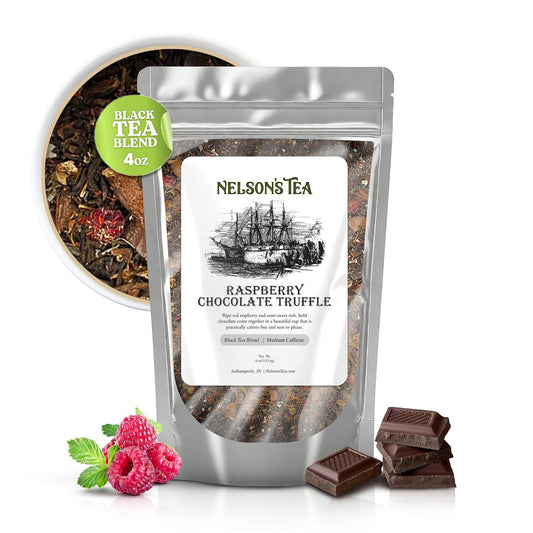 Nelson's Tea Raspberry Chocolate Truffle Leaf Loose Leaf Black Tea, 4 oz | Rooibos • Carob Beans • Hibiscus • Chocolate • Tea • Loose Leaf Tea • Raspberry • Black Tea
