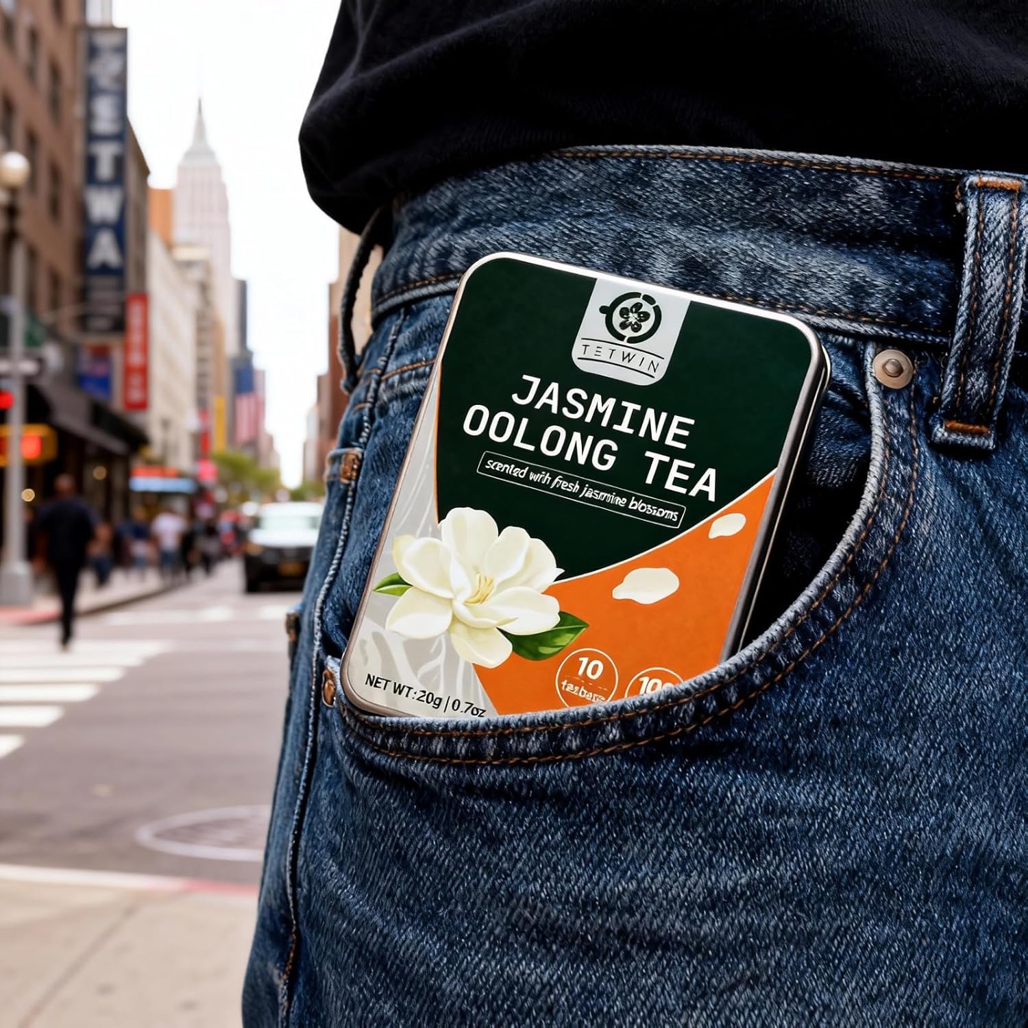 Jasmine Oolong Tea Loose Leaf, 10ct Teabags, Tie Guan Yin with 3-Round Jasmine Scenting, Plant-based tea bag, Resuable Pocket Tin