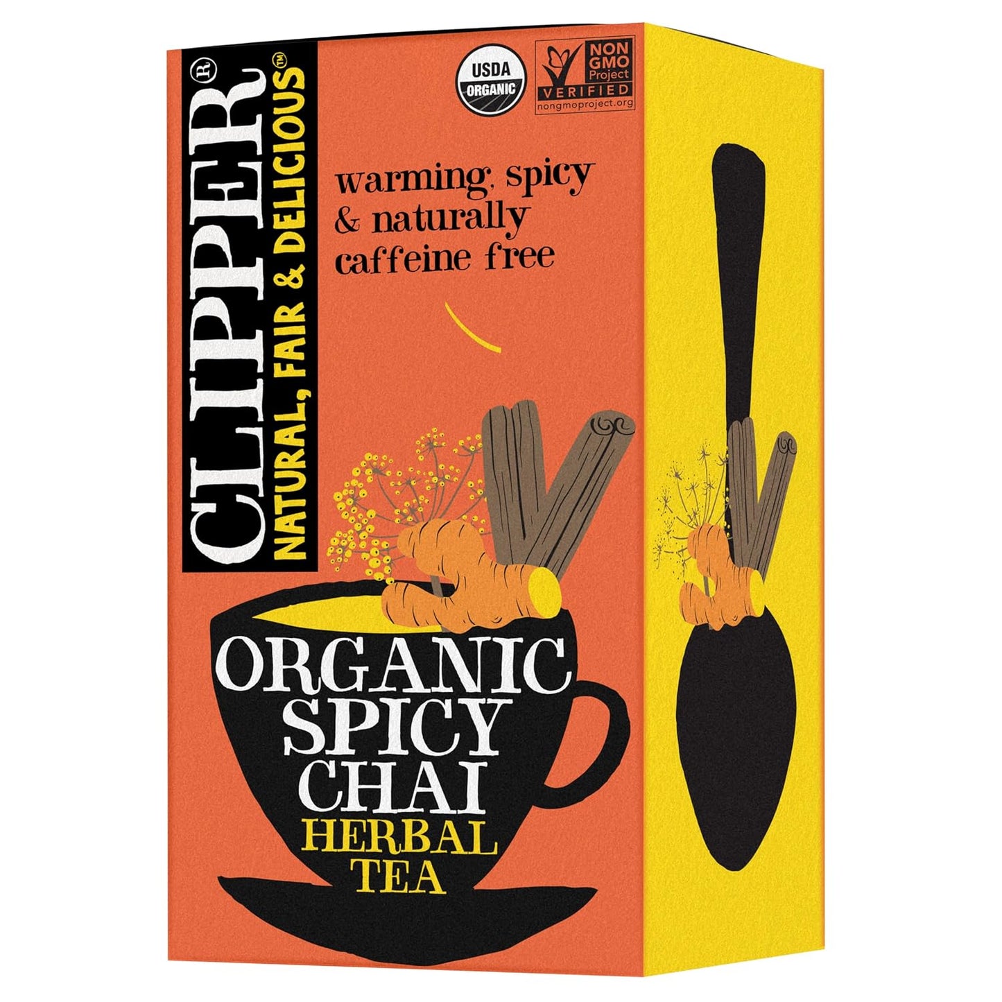 Clipper Natural, Fair &amp; Delicious Clipper Tea Organic Spicy Chai Herbal Tea, Organic, Non-GMO, Caffeine Free British Tea, 1 Pack, 20 Unbleached Tea Bags
