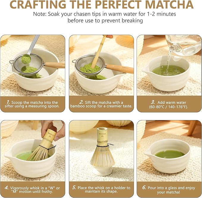 9PCS Matcha Whisk Set, Ceramic Bowl with Spout, Bamboo Whisk & Holder, Matcha Cup, Ceremony Tea Making Tools, Modern Design Gift for Matcha Beginners Lovers (Cream White)