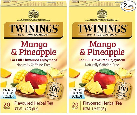 Twinings Mango & Pineapple Herbal Tea Individually Wrapped Bags, 20 Count (Pack of 2), Naturally Caffeine-Free, Enjoy Hot or Iced, 20 Teabags