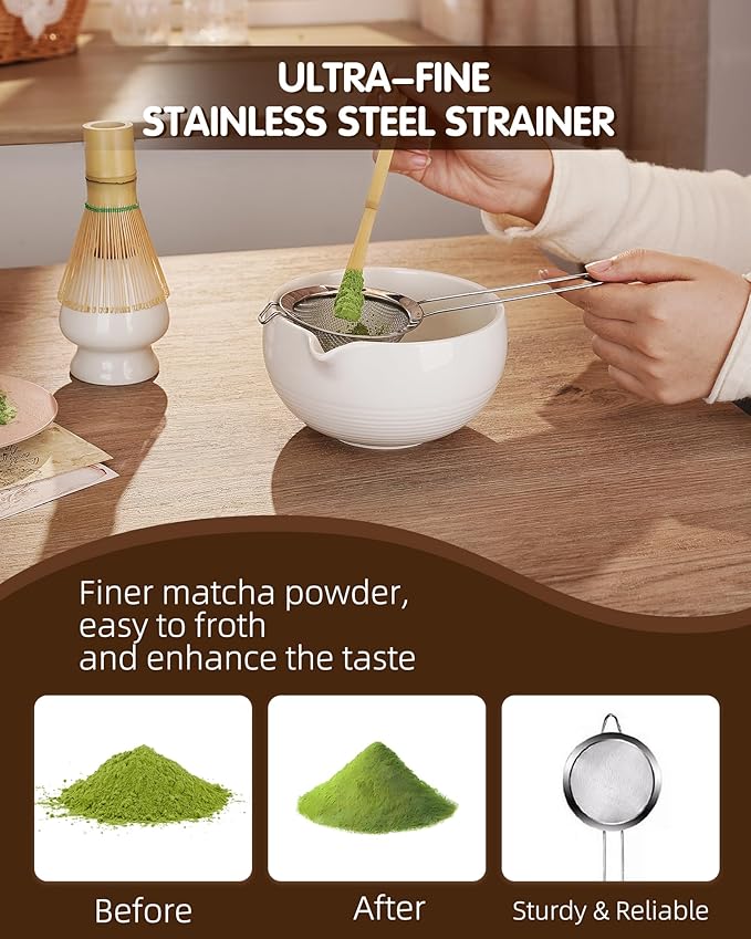 ZENS Matcha Whisk Set, 6pcs Matcha Kit Includes Ceramic Bowl, Handcrafted Bamboo Whisk and Chasen Holder, Scoop, 304 Sifter & Tea Mat，Matcha Set for Tea Ceremony,Latte Making, White