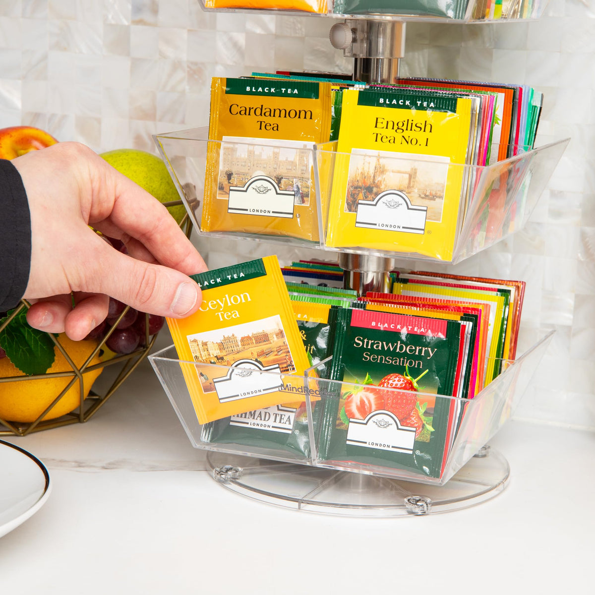 Mind Reader Tea Bag Carousel, 3 Tier Clear Acrylic Organizer with 12 Compartments, 360° Rotating Tea Station for Countertop