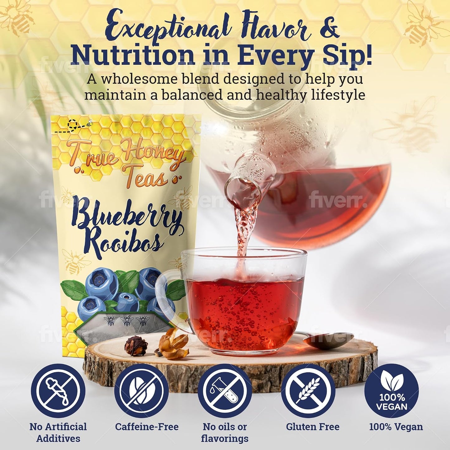 True Honey Blueberry Rooibos Tea Bags - Honey Crystals Blended in Every Sachet - Red Rooibos Tea with Dried Blueberry Juice - All Natural Organic Herbal Caffeine Free Tea Bag 24 Count