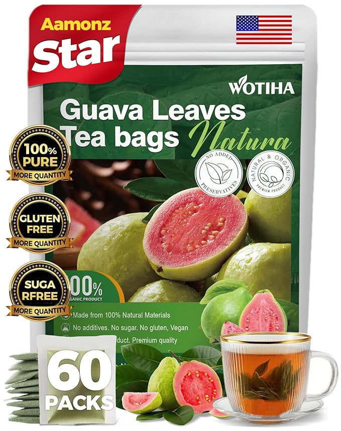 WOTIHA -Natural Guava Leaves Tea 120g. 60 Herbal Tea bags.100% from Natural Premium guava leaf.hojas de guayaba.Non-GMO • Additive-Free • Caffeine-Freea