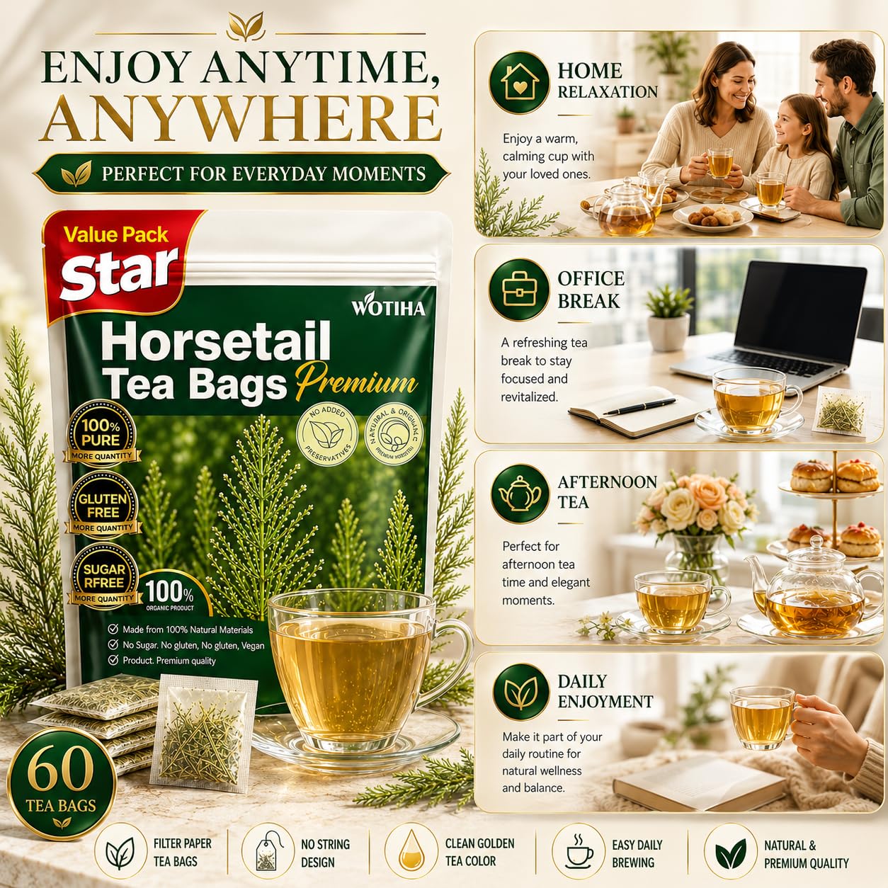 WOTIHA 60 Count Premium Horsetail Tea Bags - 100% Natural Pure Herb, Supports Hair &amp; Nail Health, Caffeine/Additive/Sugar-Free, Non-GMO, Cola De Caballo Hierba