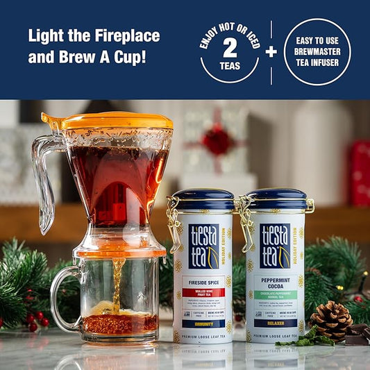 Tiesta Tea - Brewmaster and Cozy Fireside Tea Gift Set, Non-Caffeinated Loose Leaf Holiday Tea Blends with Infuser, Includes 16oz Tea Infuser & 2 Refillable Tins, Fireside Spice & Peppermint Cocoa