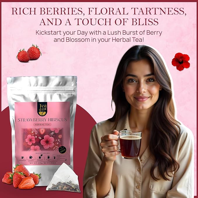 Tealeaf & Co. Strawberry Hibiscus Tea Bags Blended with Fresh Herbs and Spices - Herbal Tea Bags with Organic Spices
