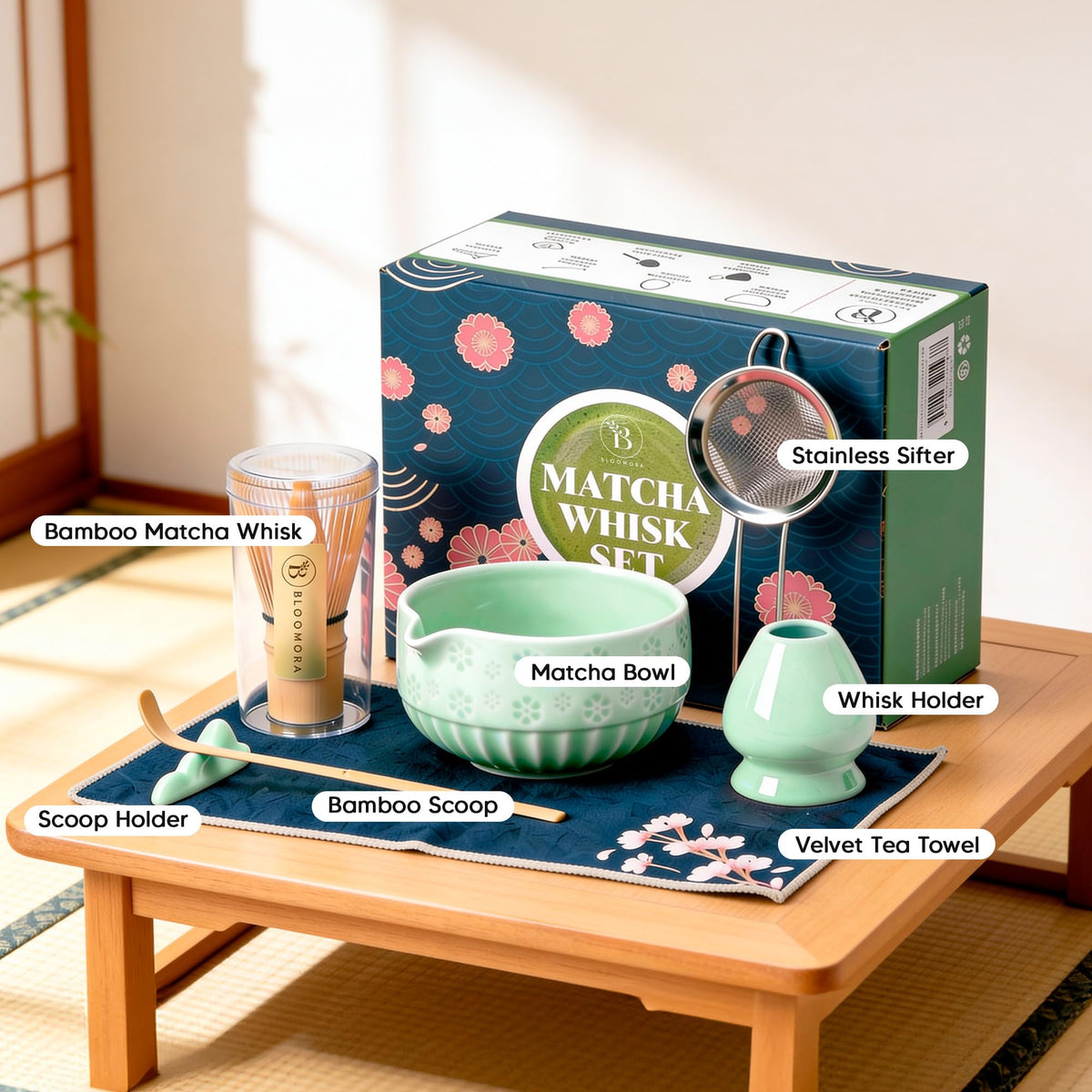 BLOOMORA Matcha Set, Ceramic Kit with Bowl, Bamboo Whisk and Scoop, Tea Ceremony