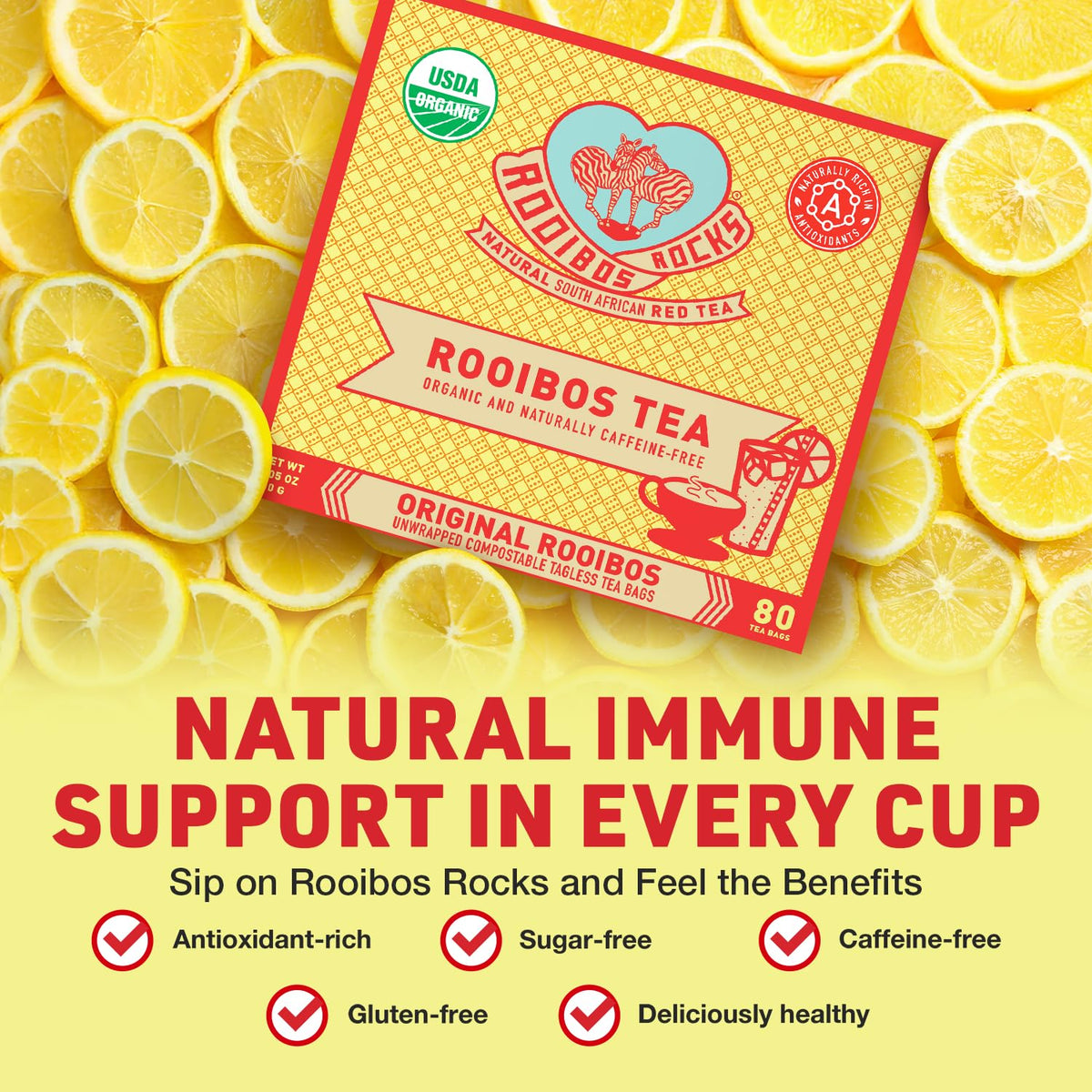 Rooibos Rocks Organic Rooibos Tea Bags - Caffeine-Free, 80 ct | USDA Organic • Microplastic-Free Tagless Pillow Tea Bags • Naturally Mildly Sweet Flavor • Hot or Iced