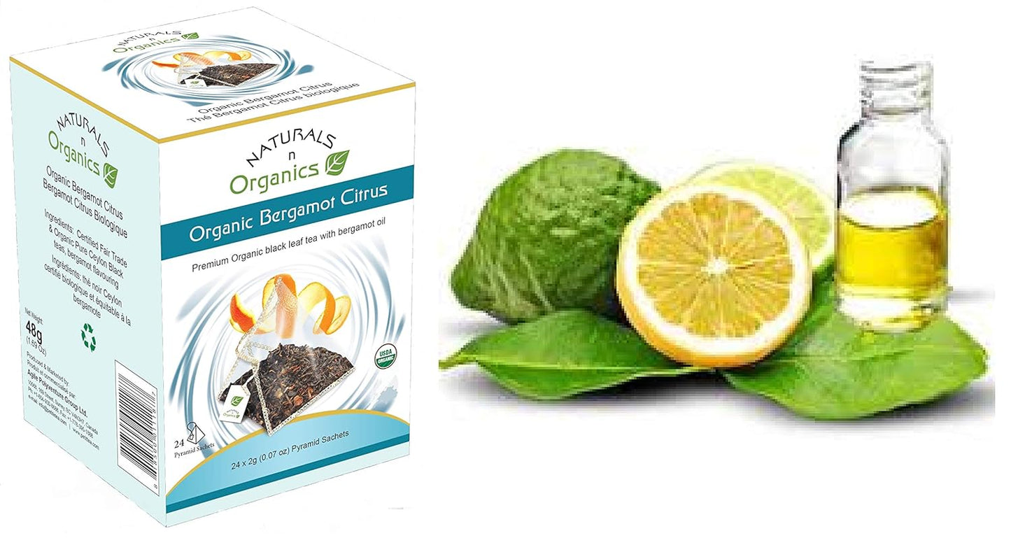 Naturals-n-Organics Organic Bergamot Citrus Earl Grey Tea with Natural Italian Bergamot Oil for Autophagy and Detox, 24 Bio-degradable Pyramid Tea Bags
