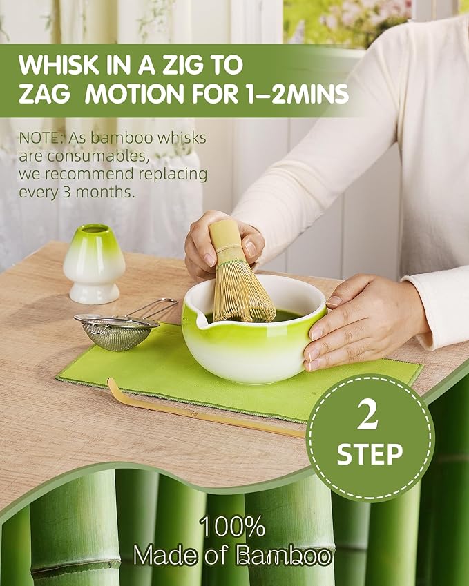 ZENS Matcha Whisk Set, 5pcs Matcah Kit Includes Ceramic Bowl with Spout, Handcrafted Bamboo Whisk, (Chasen) Holder, Scoop & Tea Mat, Matcha Set Gift for Tea Ceremony, Green