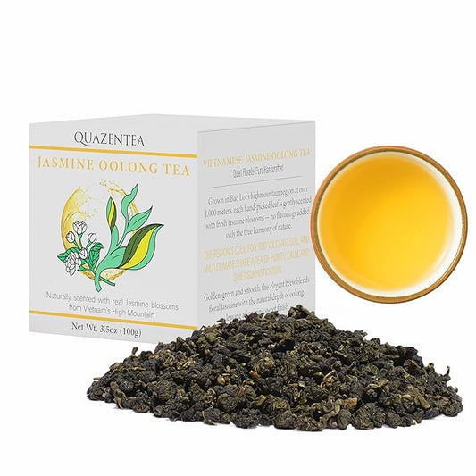 QuaZenTea Jasmine Premium Oolong Tea Loose Leaf 3.5oz (100g) - High Mountain Vietnamese Green Oolong - Pure Hand-Sorted for Smooth, Non-Bitter Taste & Rich Aroma