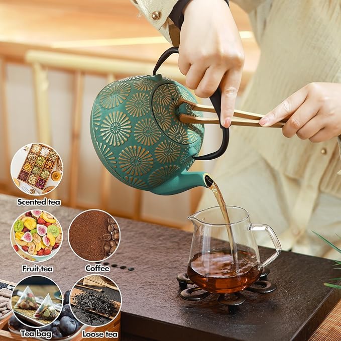 Cast Iron Teapot, 40oz Tea Kettle with Infuser for Stove Top, Sakura Design Japanese Tea Pot for Tea&Coffee Coated with Enameled Interior