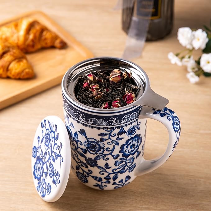 AmorArc Porcelain Tea Mug with Infuser and Lids, 18 Oz Coffee Cup Strainer with Bag Holder for Loose Leaf Tea