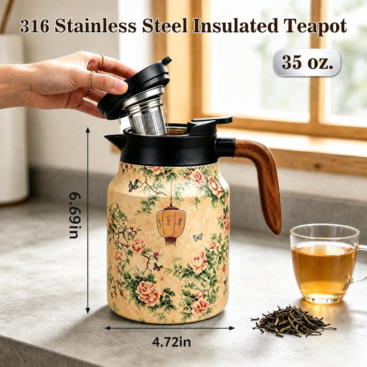wurgocy Vintage Teapot with Infuser, 35 oz Insulated Tea Pot for Loose Leaf Tea
