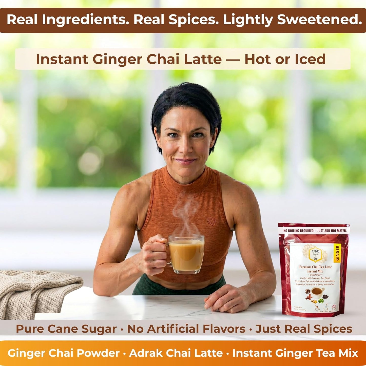 T2GO Instant Ginger Chai Tea Latte Powder – Just Add Water, 8 oz | Bold adrak ginger masala chai — real milk &amp; spices built in, ready in seconds