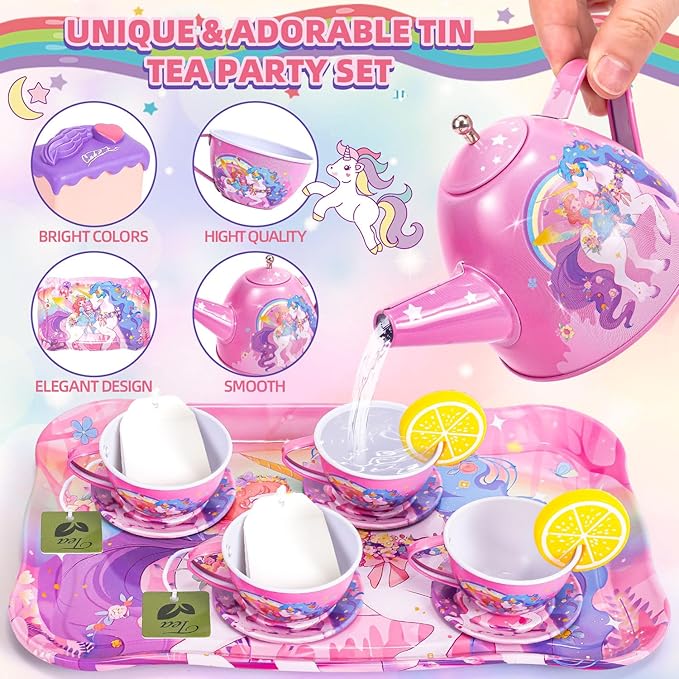 Unicorn Tea Party Set for Little Girls, Toddler Princess Toy Tea Set, Pretend Play Teapot Dessert Tea Cup Set Food Kitchen Playset